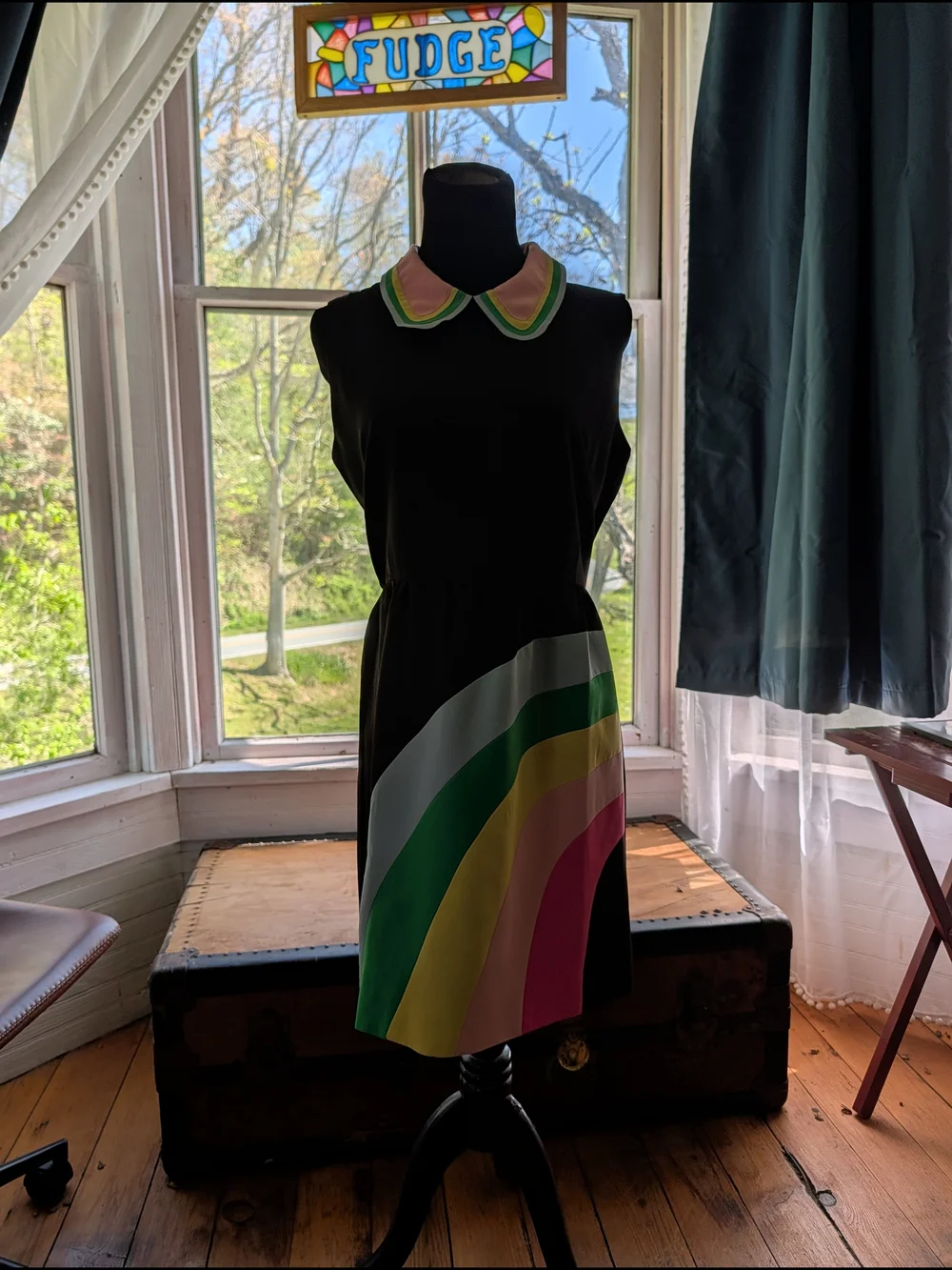 Black Mini Dress with Multicolor Wave Trim - Picture 2 of 3